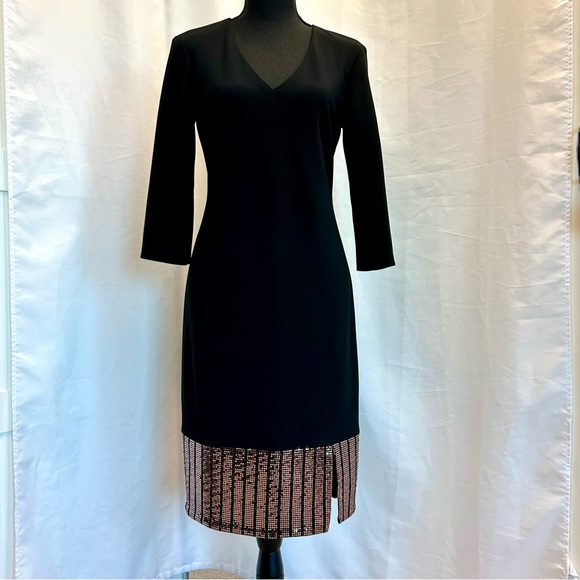 Joseph Ribkoff black V-neck sheath dress metallic Rose Gold sequin accents 6 NWT - Picture 4 of 15